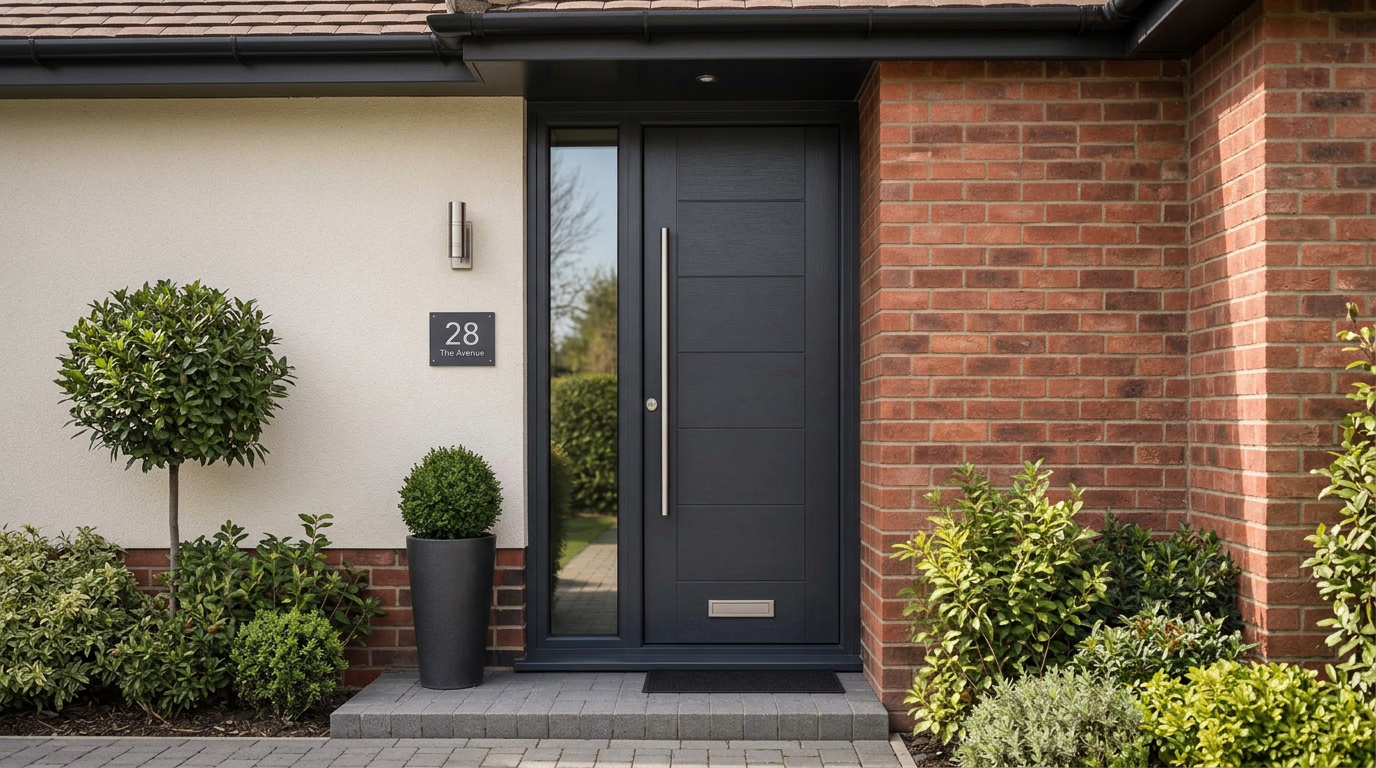 Anthracite composite front door with a glazed side panel