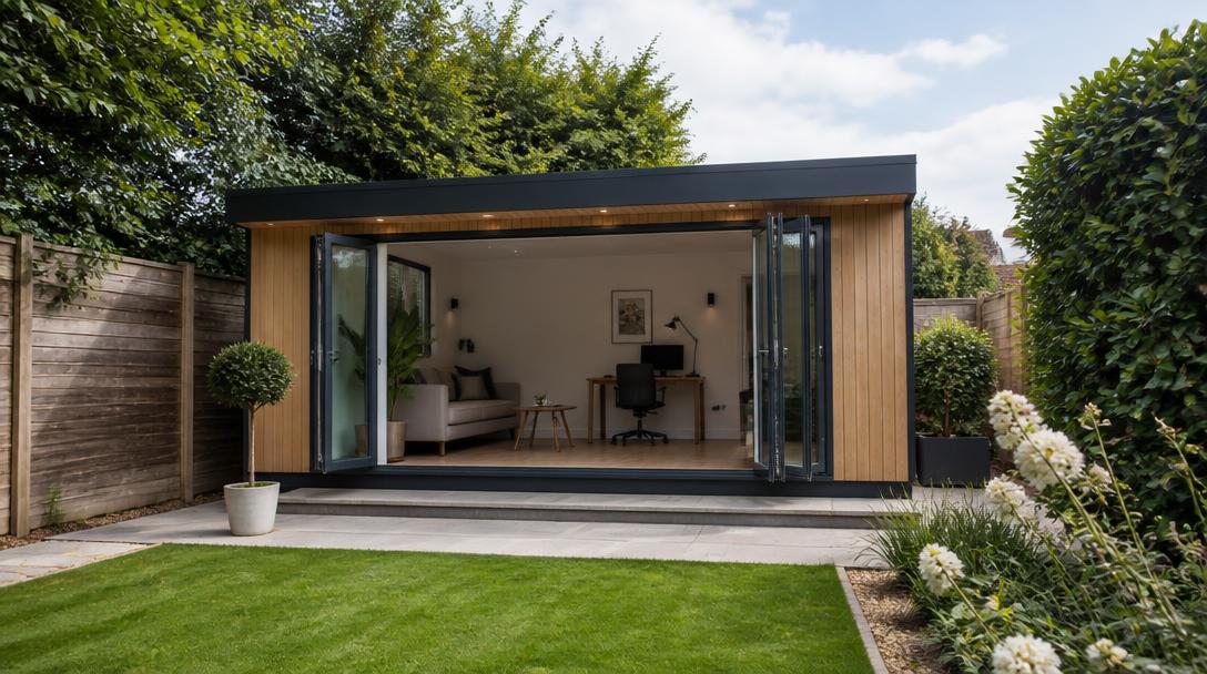 Modern insulated garden room with bifold doors in a landscaped garden