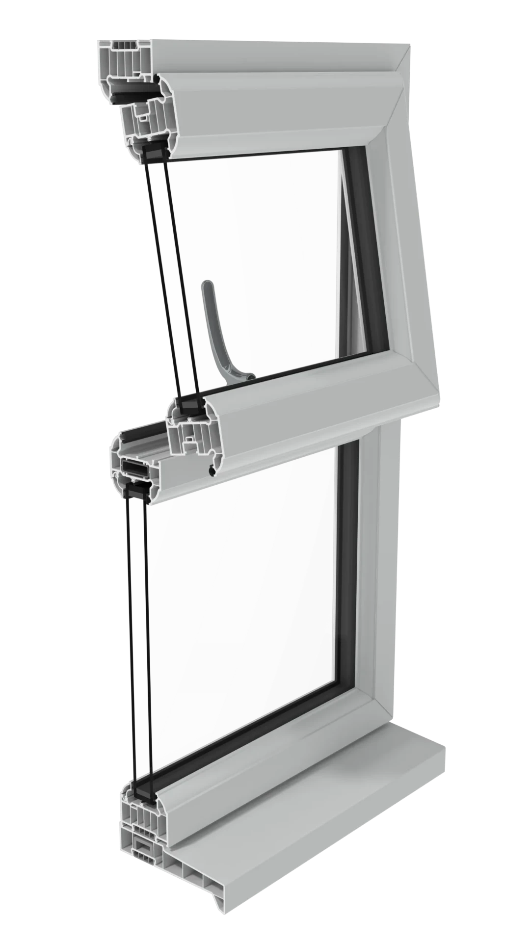 Cutaway section through a uPVC casement window showing the multi-chamber frame, sealed double glazed unit, gaskets and sill