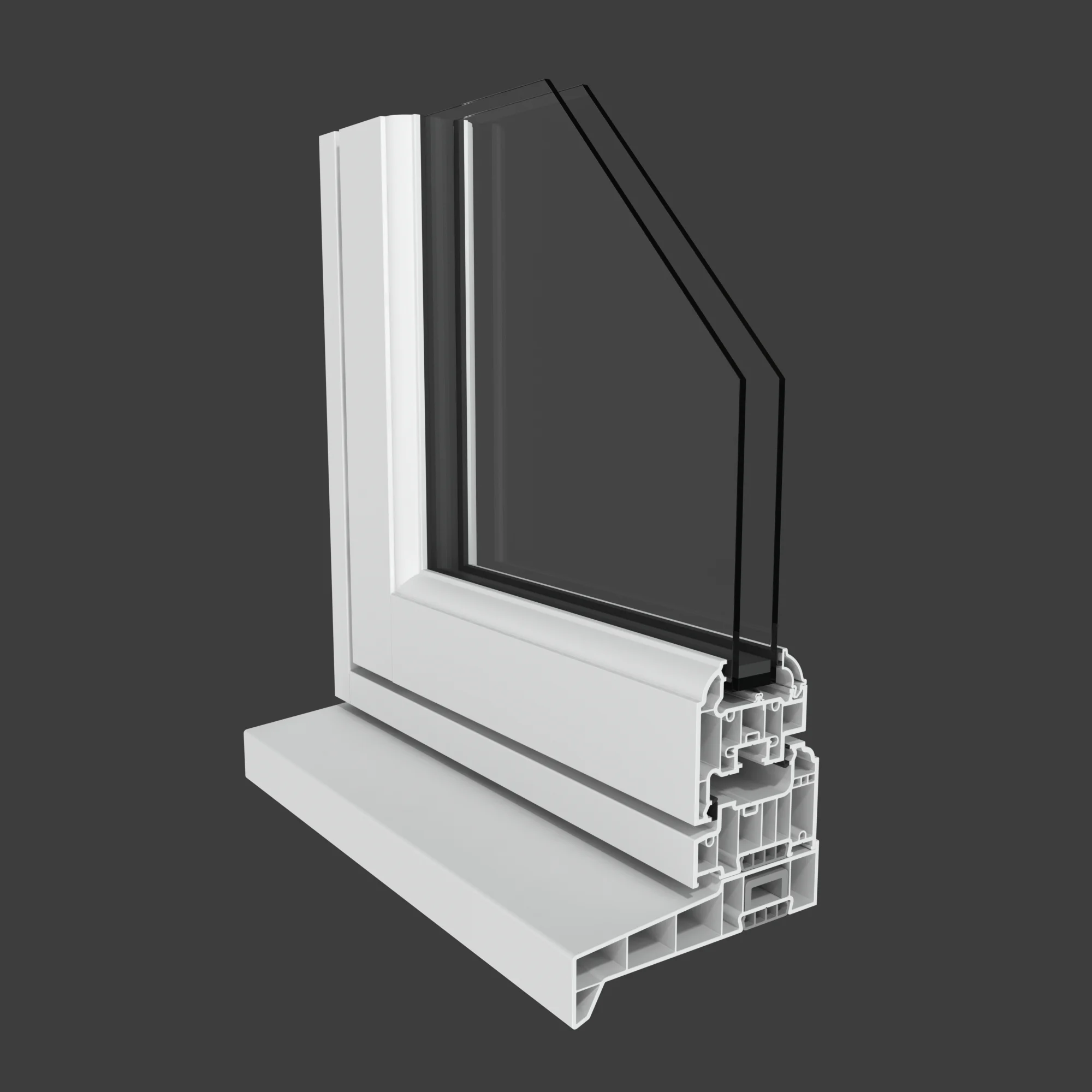 Cutaway section through a flush casement window showing the flush sash, multi-chamber frame, sealed double glazed unit and gaskets