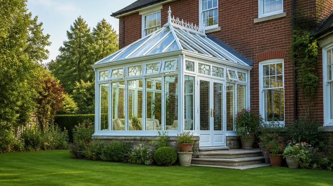Edwardian white conservatory with glass roof on a brick house