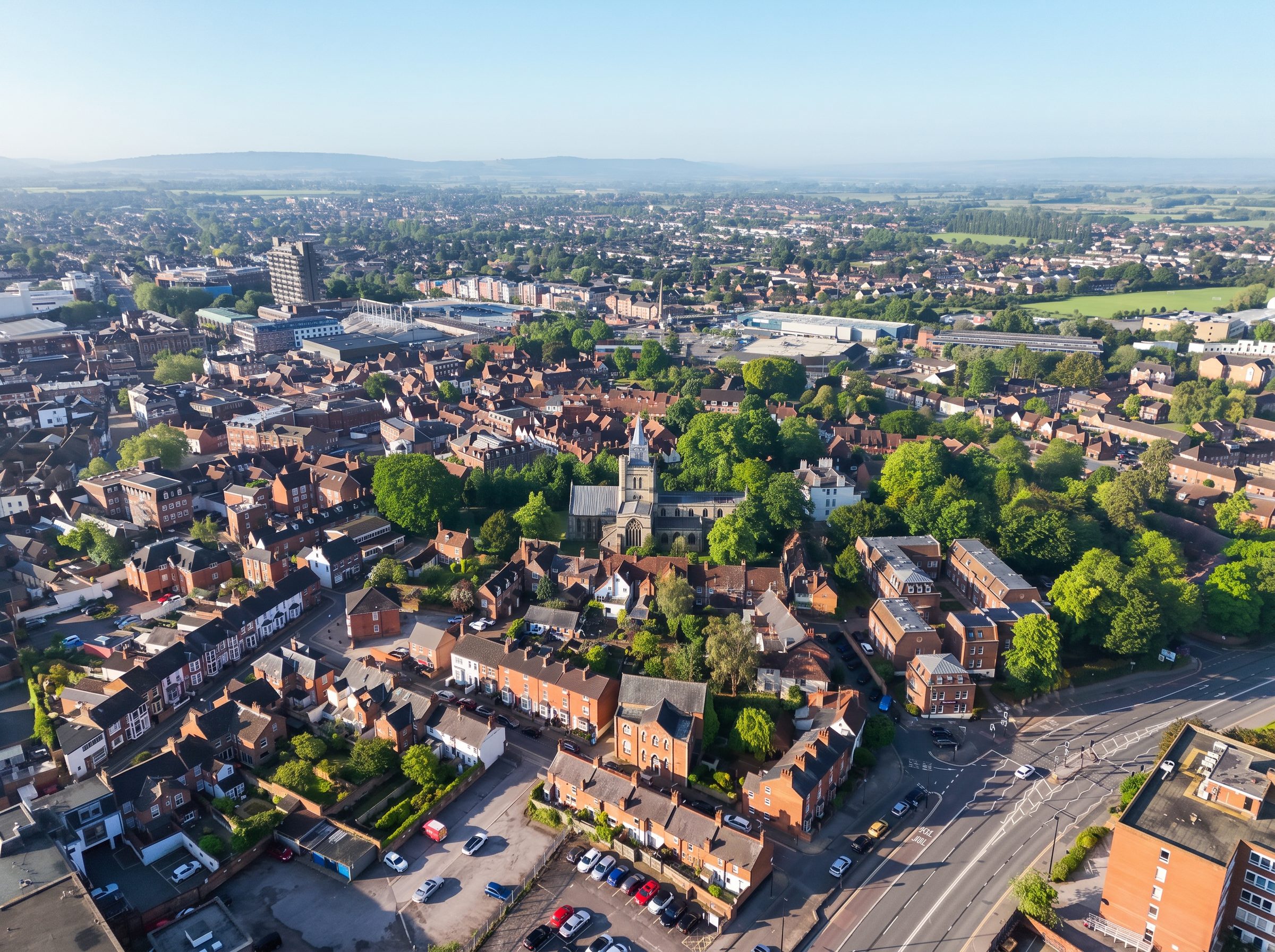 Aerial view of Aylesbury and the surrounding Buckinghamshire area