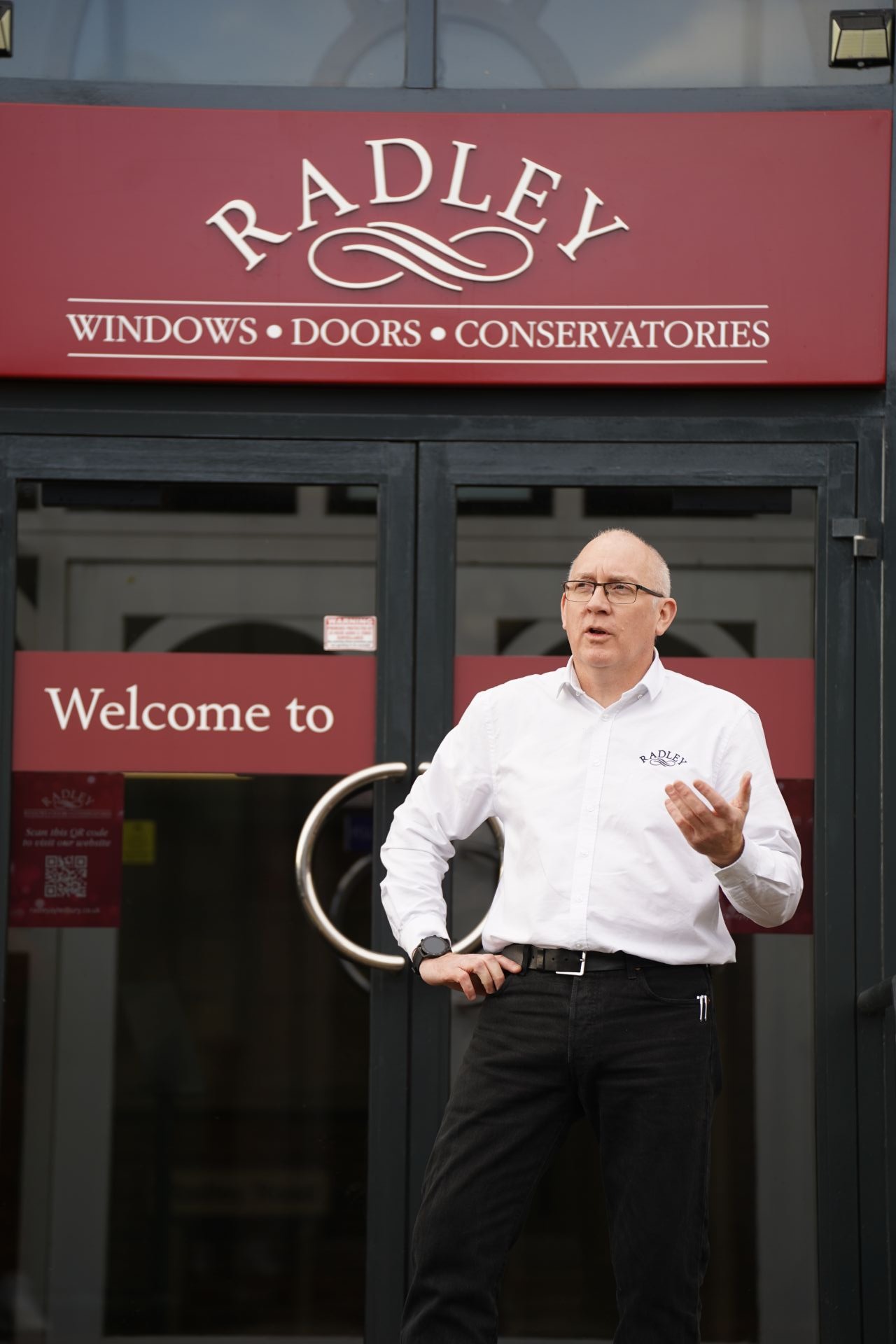 Member of the Radley team outside the Rabans Lane showroom entrance