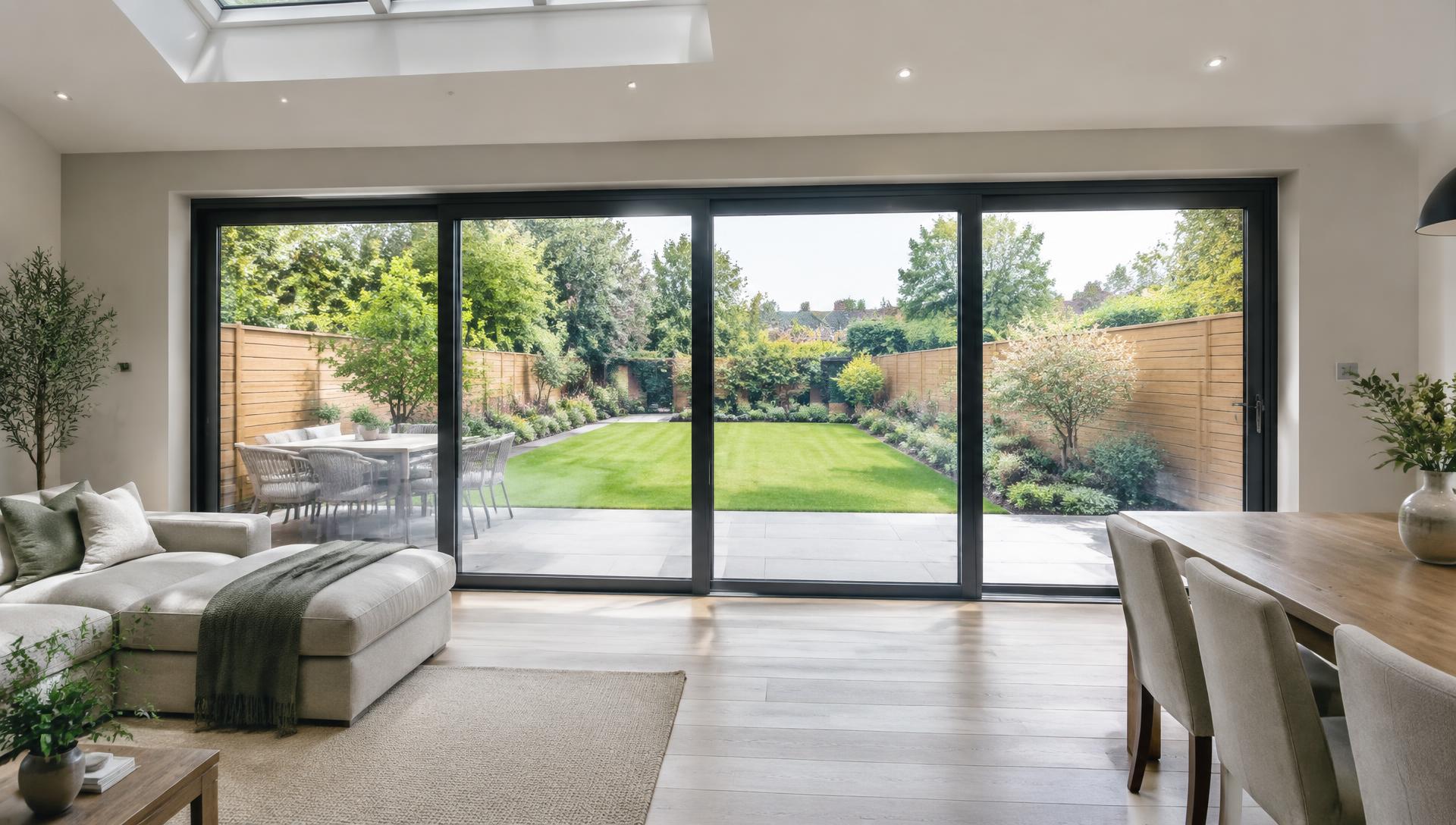 Black aluminium sliding patio doors opening onto a landscaped garden